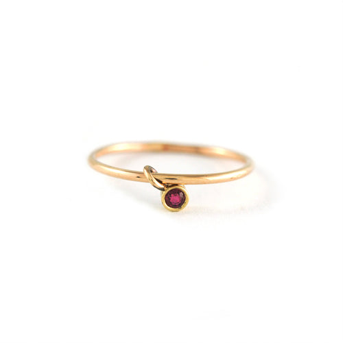 14K rose gold polished ring with a 2mm Ruby set in a 14K yellow gold bezel dangle
