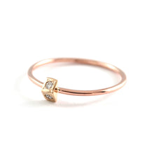 Load image into Gallery viewer, WJewellery 14K rose gold polished thin stacking ring with 2 X 0.015ct white diamonds set in a 14K yellow gold triangle rooftop pomise engagement ring
