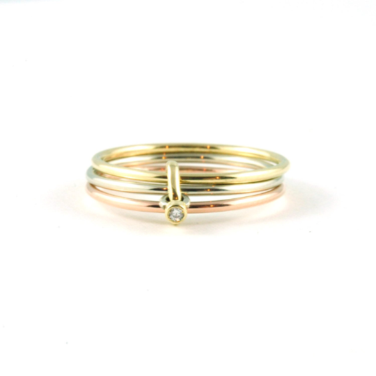 Tri-Colour Gold Stacking Band with Bezel Set Diamond